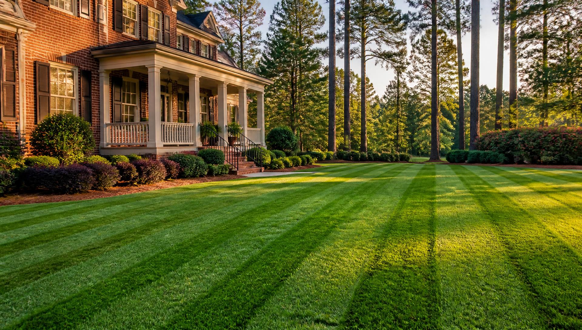Freshly mowed lawn with striped mowing lines in front of a home